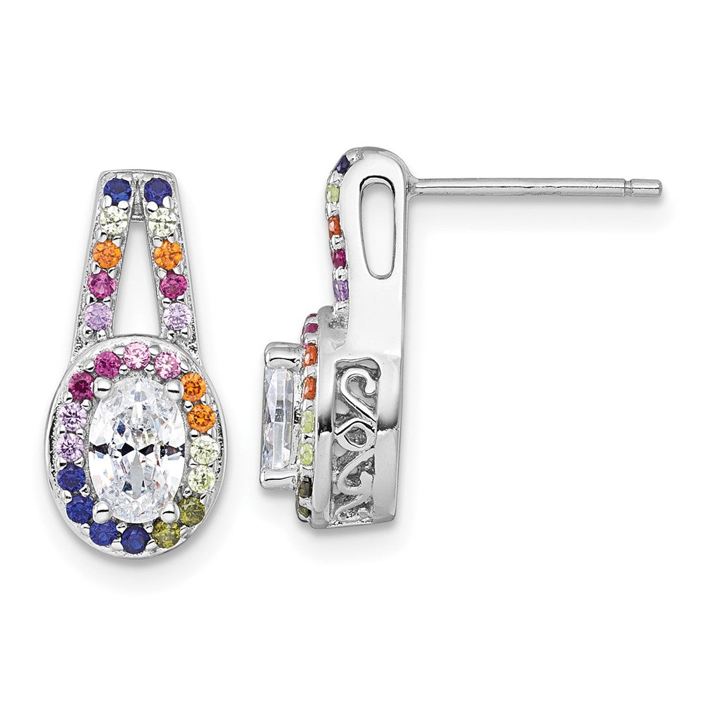 Sterling Silver Rhodium-Plated Multicolor CZ Oval Halo Post Earrings