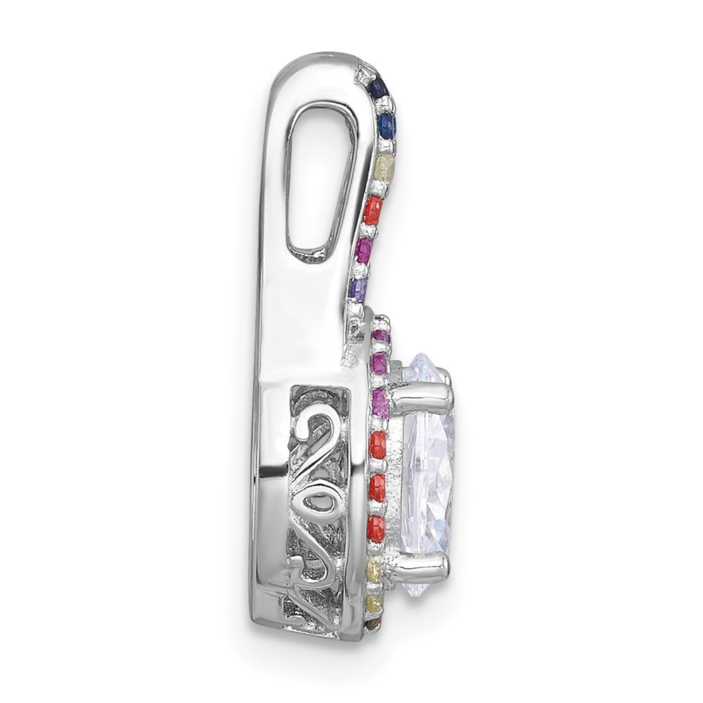 Sterling Silver Rhodium Plated Polished Multicolor CZ Oval Halo Chain Slide Pendant