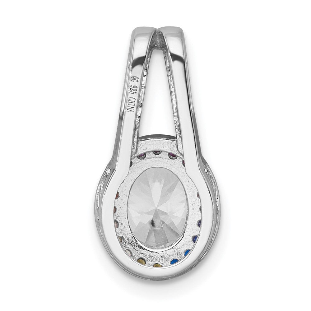 Sterling Silver Rhodium Plated Polished Multicolor CZ Oval Halo Chain Slide Pendant