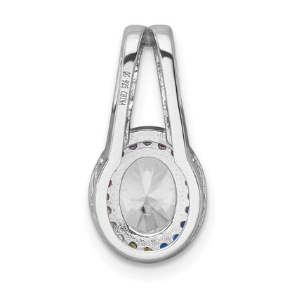 Sterling Silver Rhodium Plated Polished Multicolor CZ Oval Halo Chain Slide Pendant