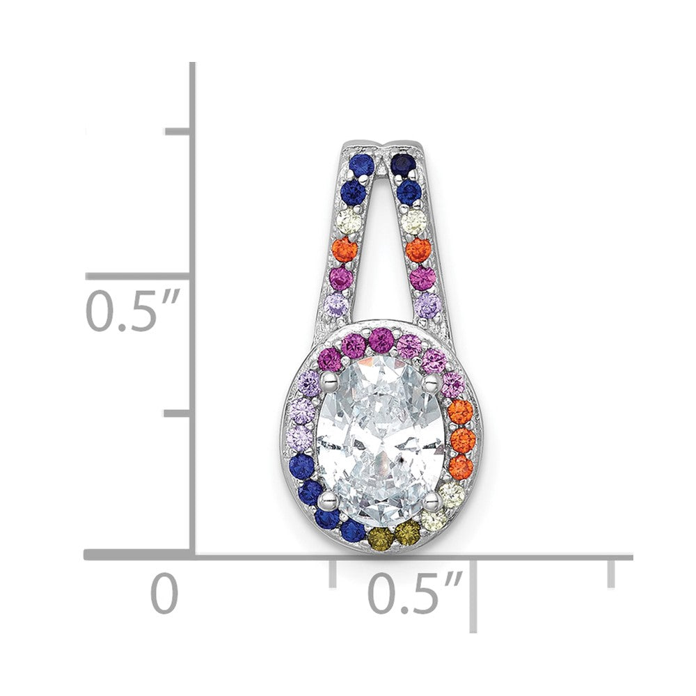 Sterling Silver Rhodium Plated Polished Multicolor CZ Oval Halo Chain Slide Pendant