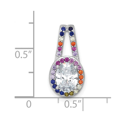 Sterling Silver Rhodium Plated Polished Multicolor CZ Oval Halo Chain Slide Pendant