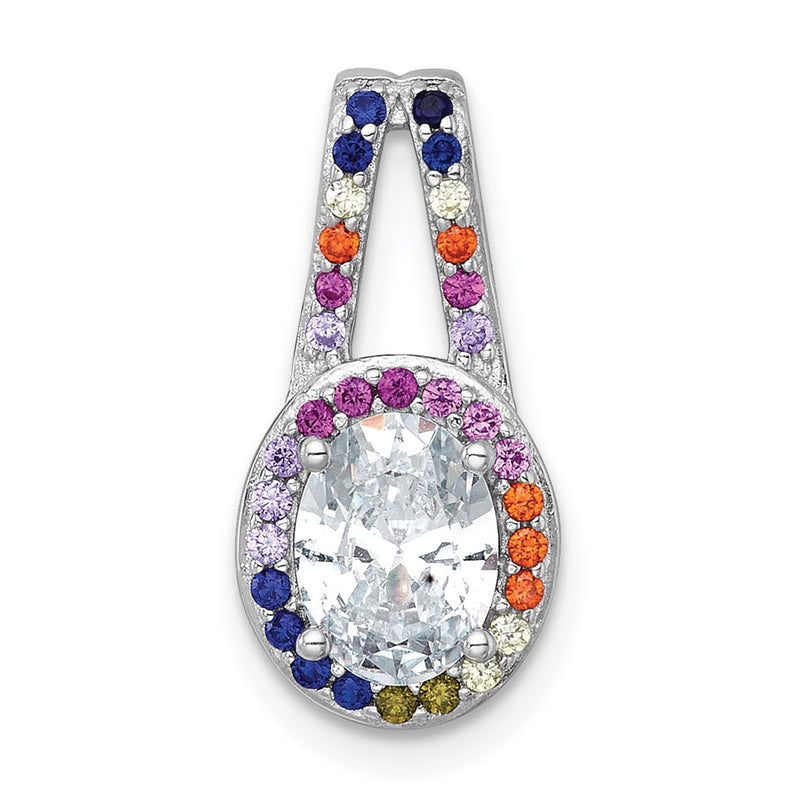 Sterling Silver Rhodium Plated Polished Multicolor CZ Oval Halo Chain Slide Pendant