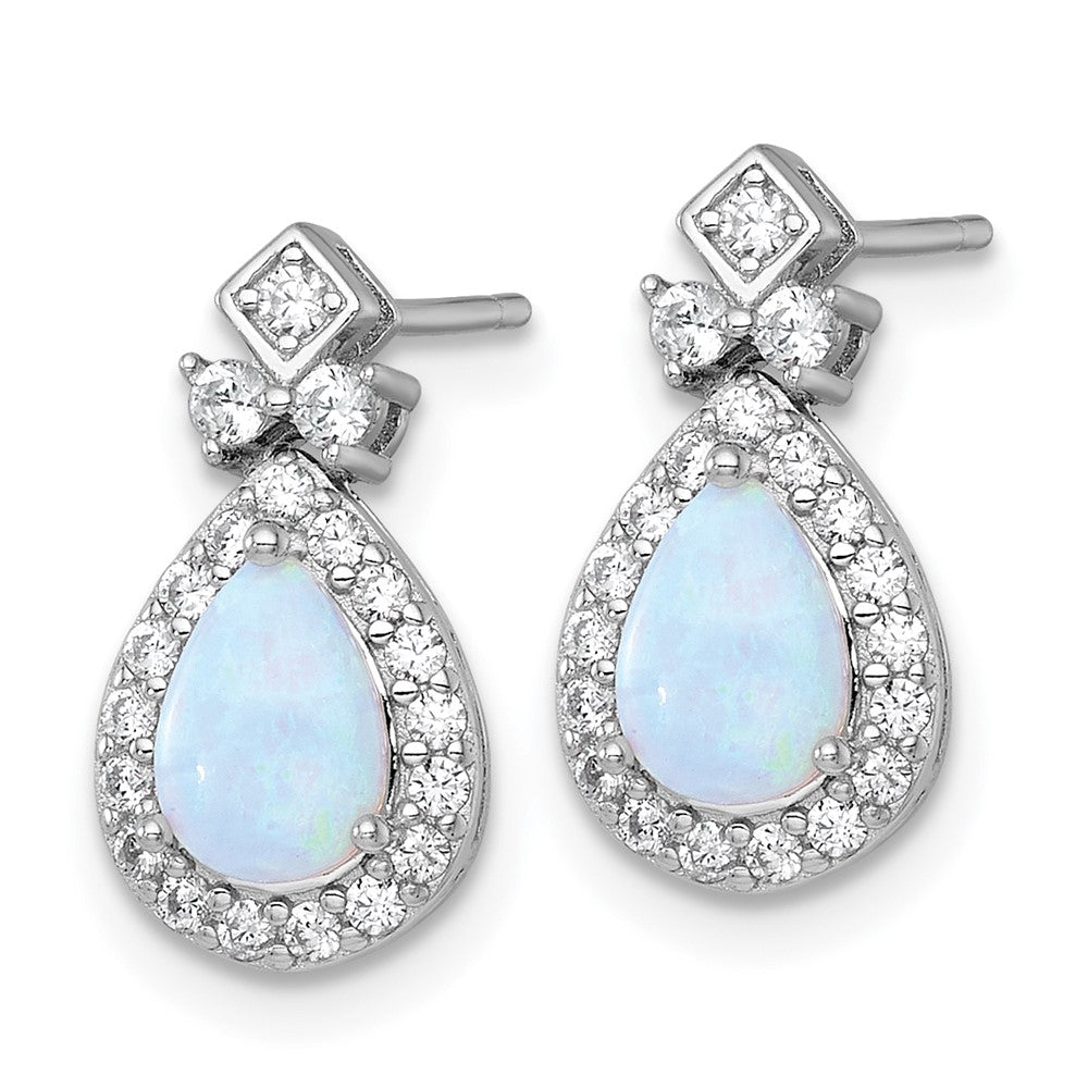 Sterling Silver Rhodium Plated Cr. Opal and CZ Teardrop Post Dangle Earrings