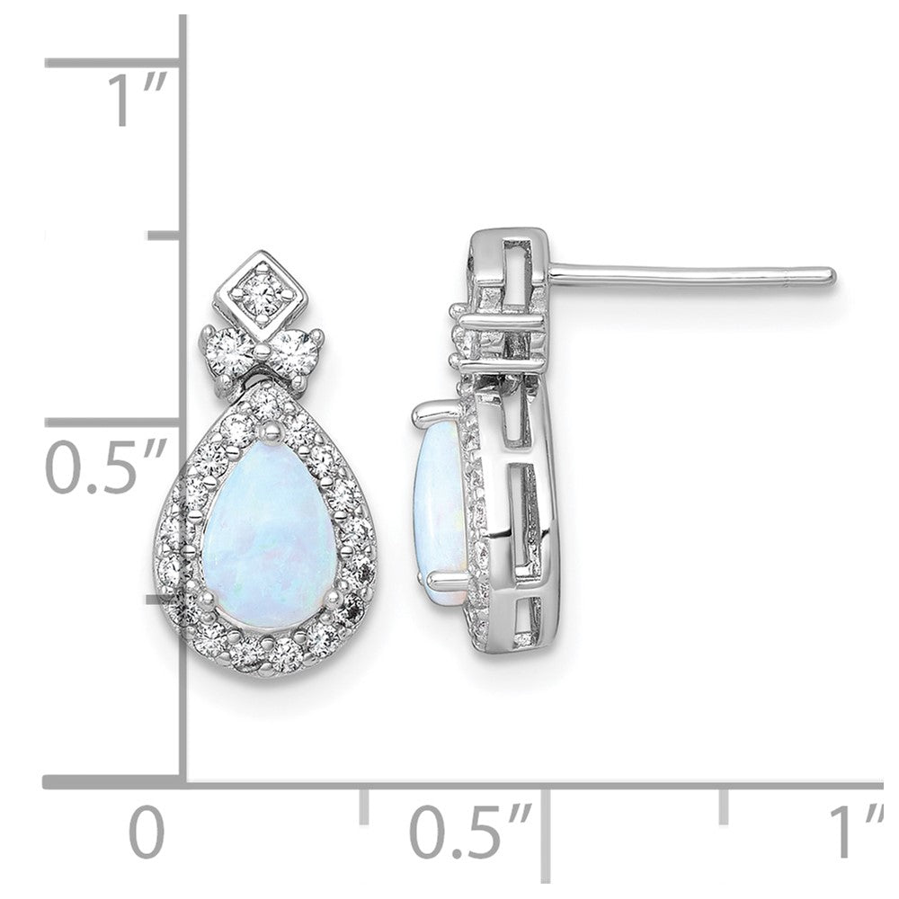 Sterling Silver Rhodium Plated Cr. Opal and CZ Teardrop Post Dangle Earrings