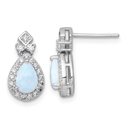 Sterling Silver Rhodium Plated Cr. Opal and CZ Teardrop Post Dangle Earrings