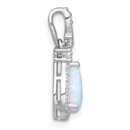 Sterling Silver Rh-Plt Polished Cr. Opal / CZ Teardrop Chain Slide Pendant