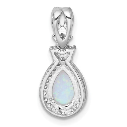 Sterling Silver Rh-Plt Polished Cr. Opal / CZ Teardrop Chain Slide Pendant