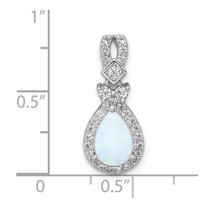 Sterling Silver Rh-Plt Polished Cr. Opal / CZ Teardrop Chain Slide Pendant