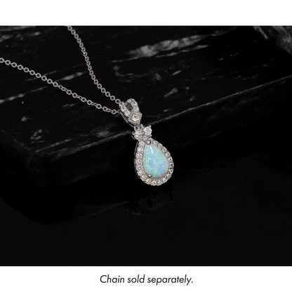 Sterling Silver Rh-Plt Polished Cr. Opal / CZ Teardrop Chain Slide Pendant