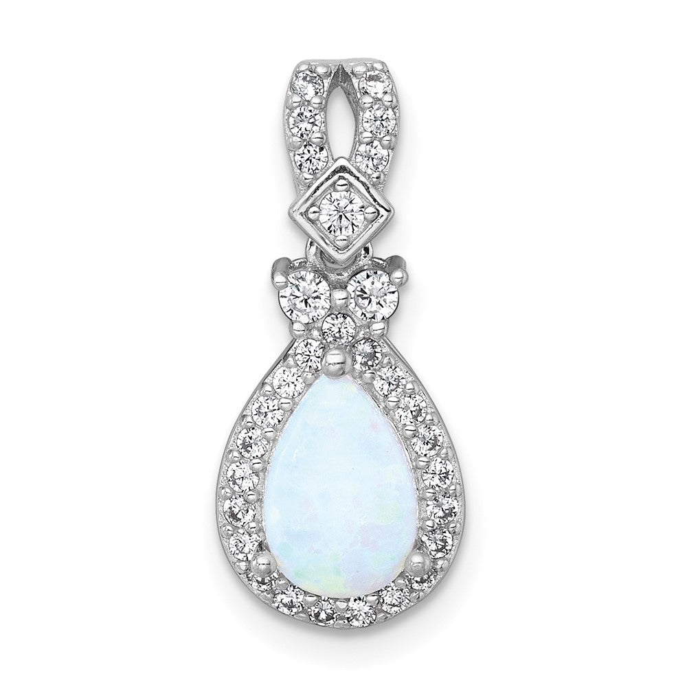 Sterling Silver Rh-Plt Polished Cr. Opal / CZ Teardrop Chain Slide Pendant