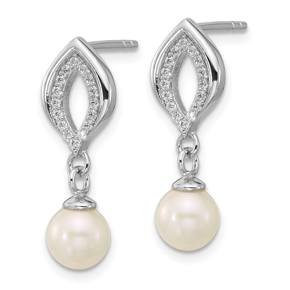 Sterling Silver Rhodium-Plated CZ Fwc Pearl Dangle Post Earrings