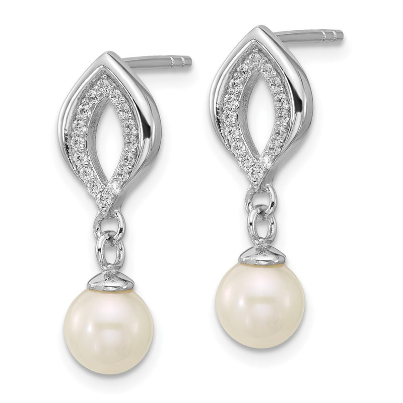 Sterling Silver Rhodium-Plated CZ Fwc Pearl Dangle Post Earrings