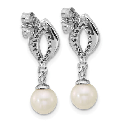 Sterling Silver Rhodium-Plated CZ Fwc Pearl Dangle Post Earrings