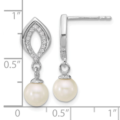 Sterling Silver Rhodium-Plated CZ Fwc Pearl Dangle Post Earrings