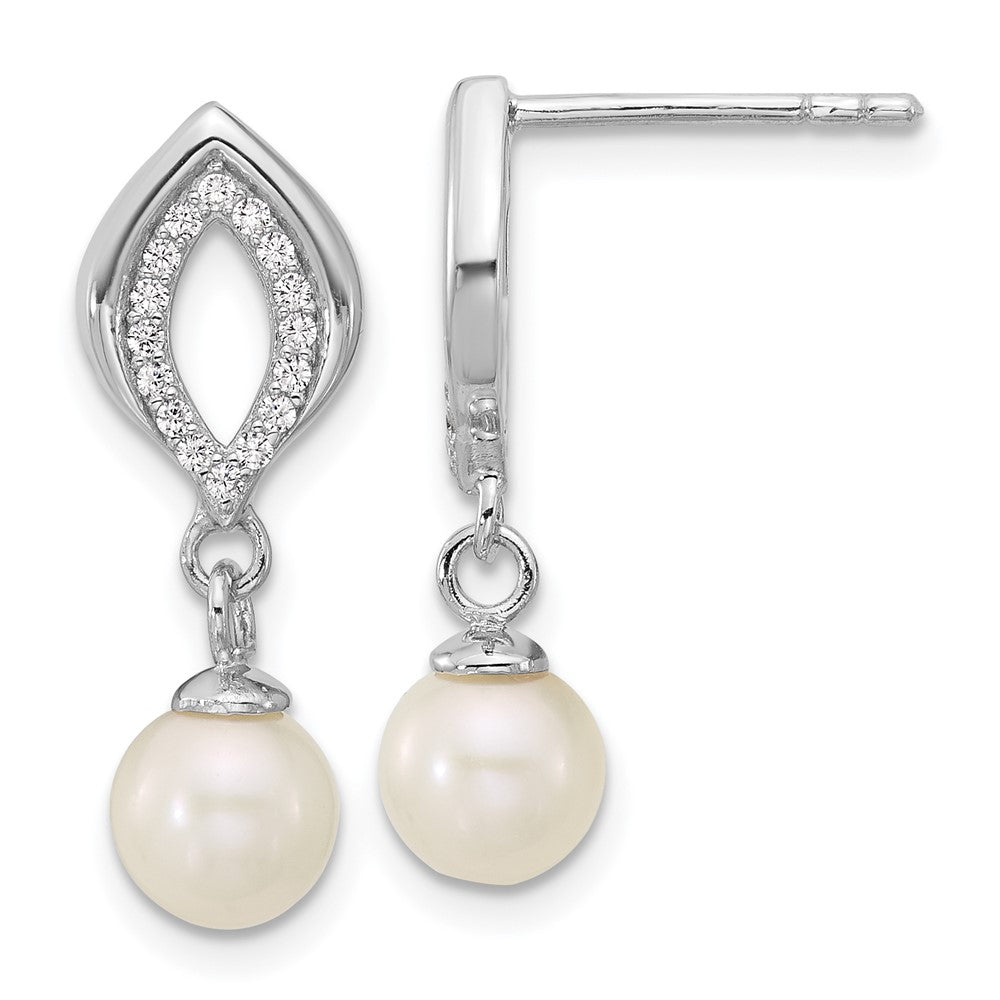 Sterling Silver Rhodium-Plated CZ Fwc Pearl Dangle Post Earrings