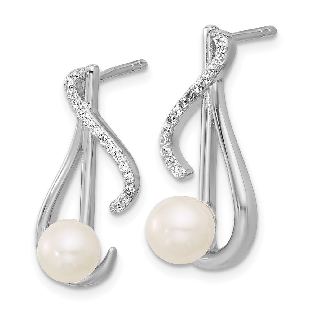 Sterling Silver Rhodium-Plated CZ Fwc Pearl Swirl Post Earrings