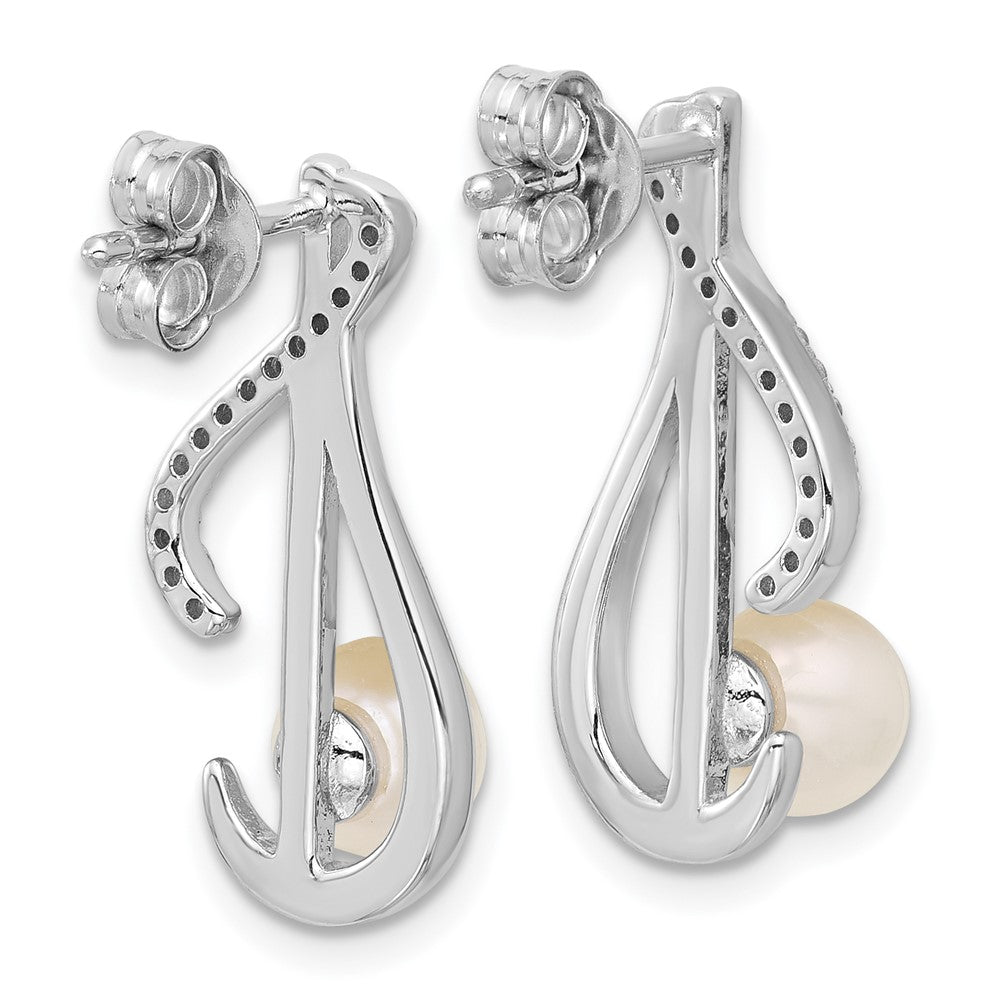 Sterling Silver Rhodium-Plated CZ Fwc Pearl Swirl Post Earrings