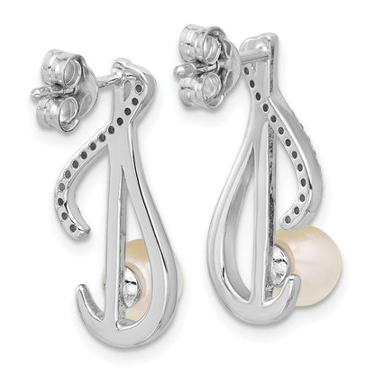 Sterling Silver Rhodium-Plated CZ Fwc Pearl Swirl Post Earrings