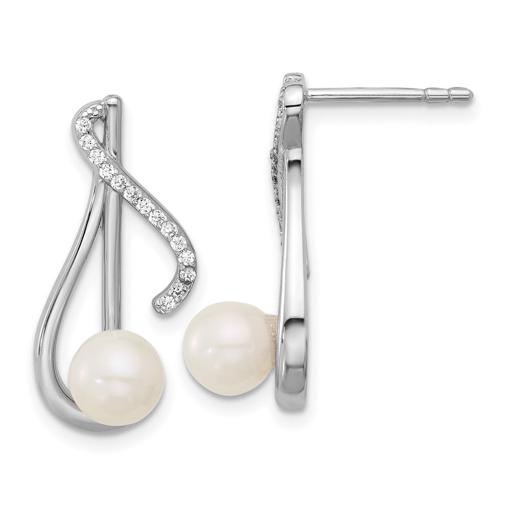 Sterling Silver Rhodium-Plated CZ Fwc Pearl Swirl Post Earrings