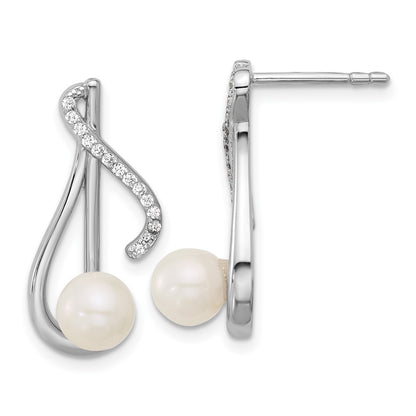 Sterling Silver Rhodium-Plated CZ Fwc Pearl Swirl Post Earrings
