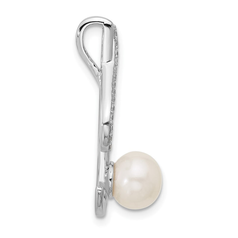Sterling Silver Rhodium-Plated CZ Fwc Pearl Swirl Chain Slide Pendant