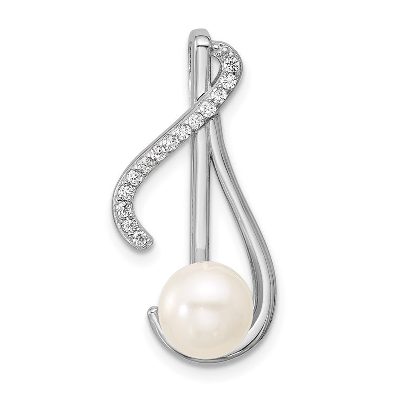 Sterling Silver Rhodium-Plated CZ Fwc Pearl Swirl Chain Slide Pendant