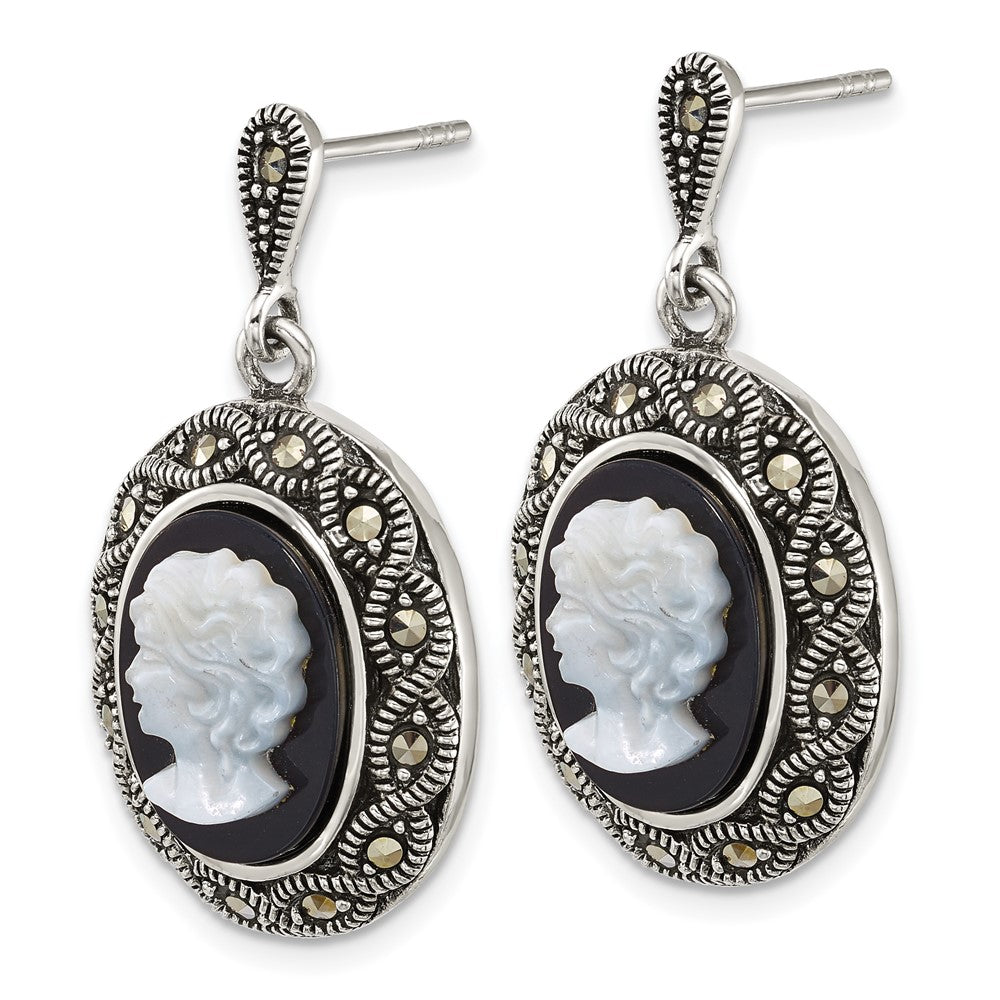 Sterling Silver Antiqued Marcasite Black Agate and Mop Cameo Earrings