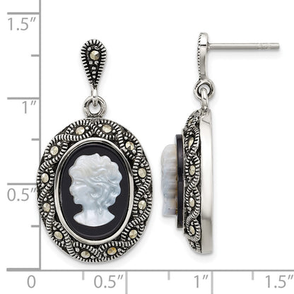 Sterling Silver Antiqued Marcasite Black Agate and Mop Cameo Earrings