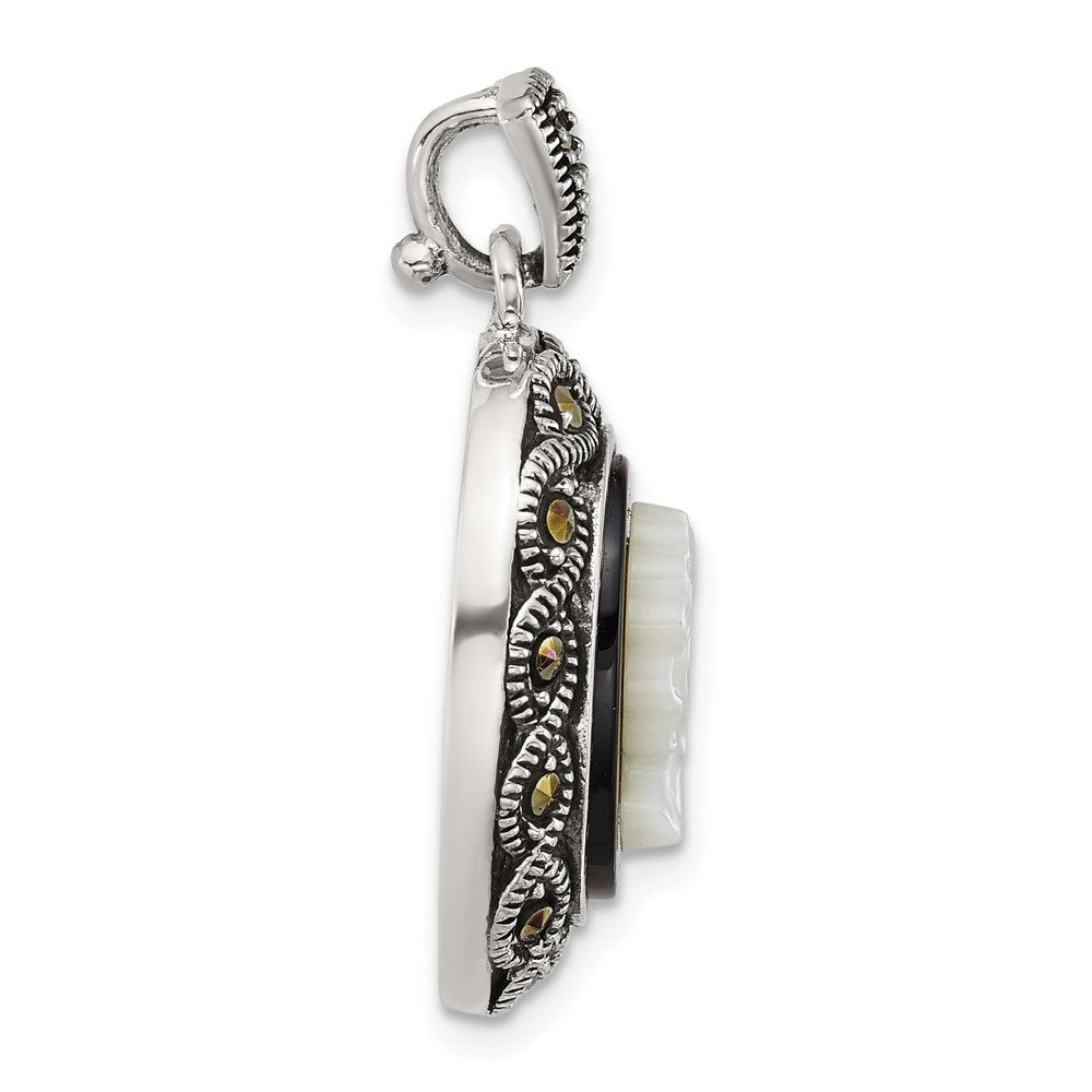Sterling Silver Antiqued Marcasite Black Agate and Mop Cameo Pendant