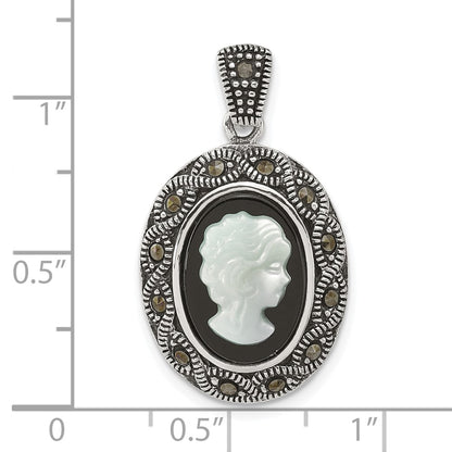 Sterling Silver Antiqued Marcasite Black Agate and Mop Cameo Pendant