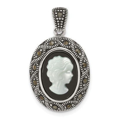 Sterling Silver Antiqued Marcasite Black Agate and Mop Cameo Pendant