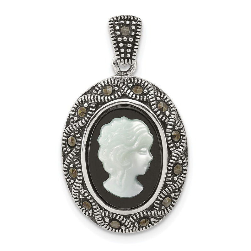 Sterling Silver Antiqued Marcasite Black Agate and Mop Cameo Pendant