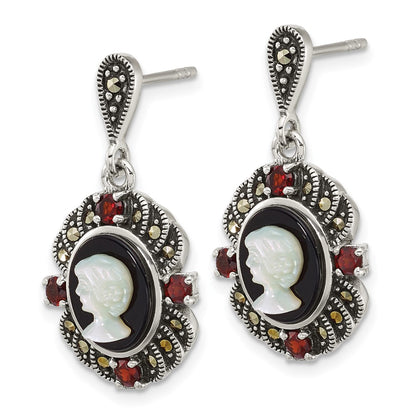 Sterling Silver Antiqued Marcasite Garnet Blk Agate and Mop Cameo Earrings