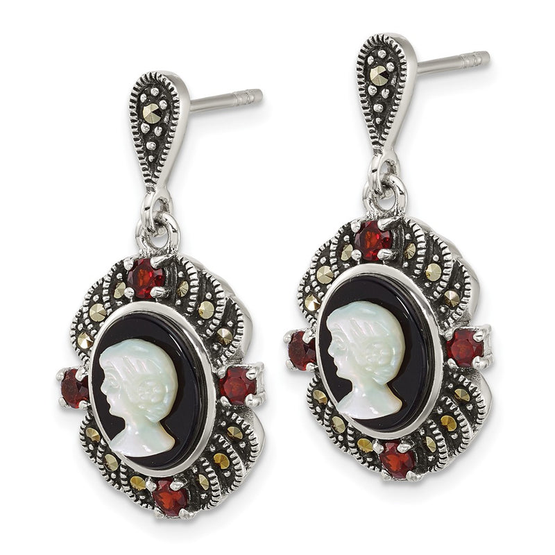 Sterling Silver Antiqued Marcasite Garnet Blk Agate and Mop Cameo Earrings