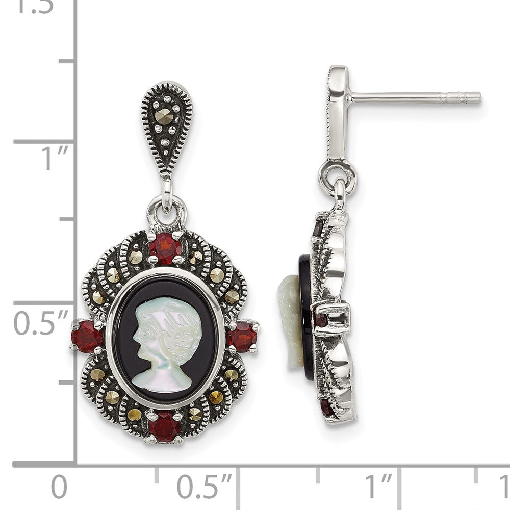 Sterling Silver Antiqued Marcasite Garnet Blk Agate and Mop Cameo Earrings