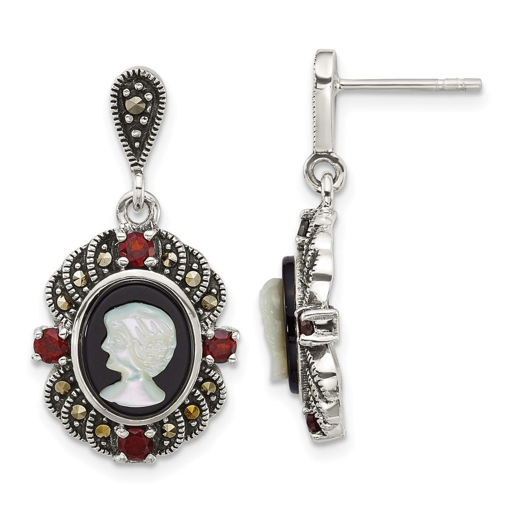 Sterling Silver Antiqued Marcasite Garnet Blk Agate and Mop Cameo Earrings
