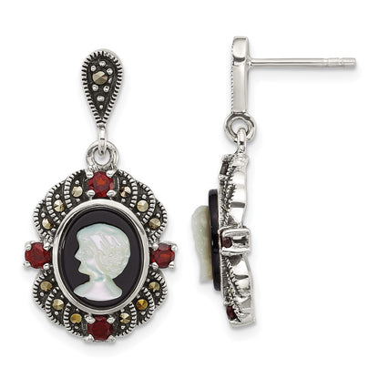 Sterling Silver Antiqued Marcasite Garnet Blk Agate and Mop Cameo Earrings
