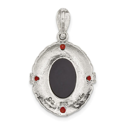 Sterling Silver Antiqued Marcasite Garnet Blk Agate and Mop Cameo Pendant