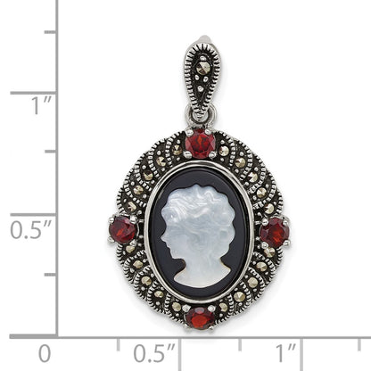 Sterling Silver Antiqued Marcasite Garnet Blk Agate and Mop Cameo Pendant