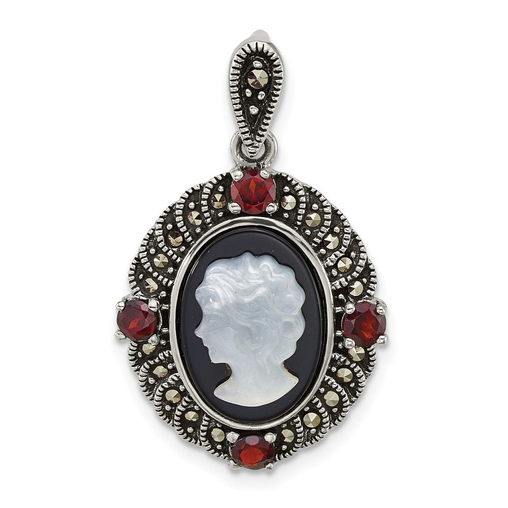 Sterling Silver Antiqued Marcasite Garnet Blk Agate and Mop Cameo Pendant