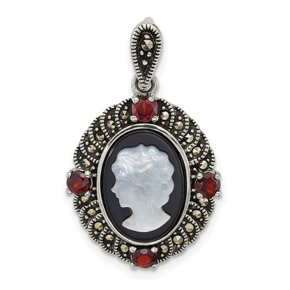 Sterling Silver Antiqued Marcasite Garnet Blk Agate and Mop Cameo Pendant