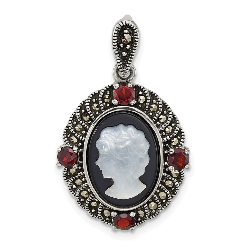 Sterling Silver Antiqued Marcasite Garnet Blk Agate and Mop Cameo Pendant