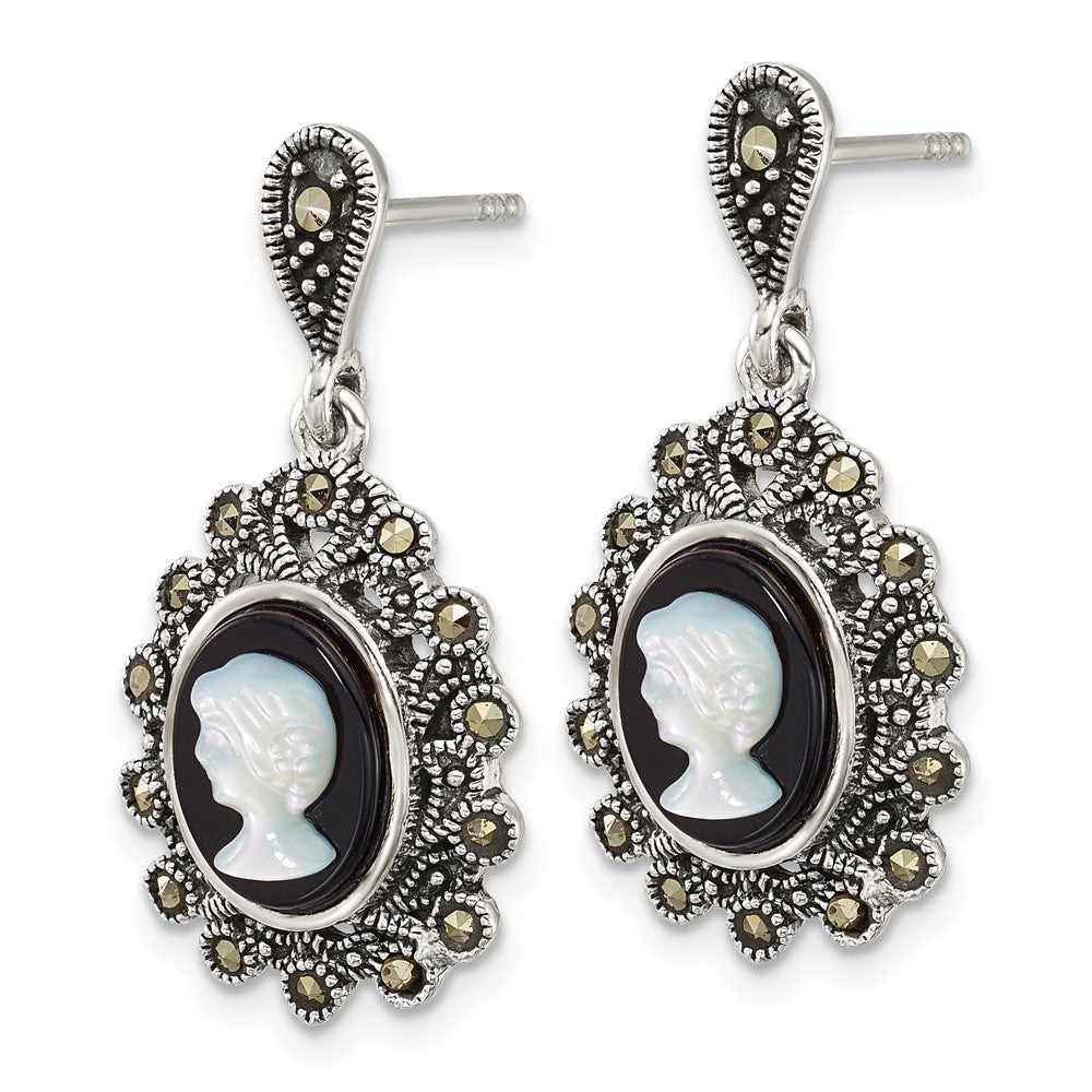 Sterling Silver Antiqued Marcasite Blk Agate and Mop Cameo Earrings
