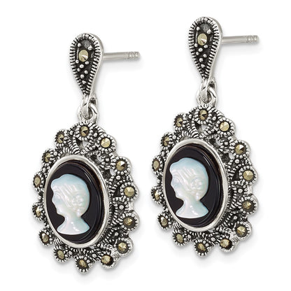 Sterling Silver Antiqued Marcasite Blk Agate and Mop Cameo Earrings