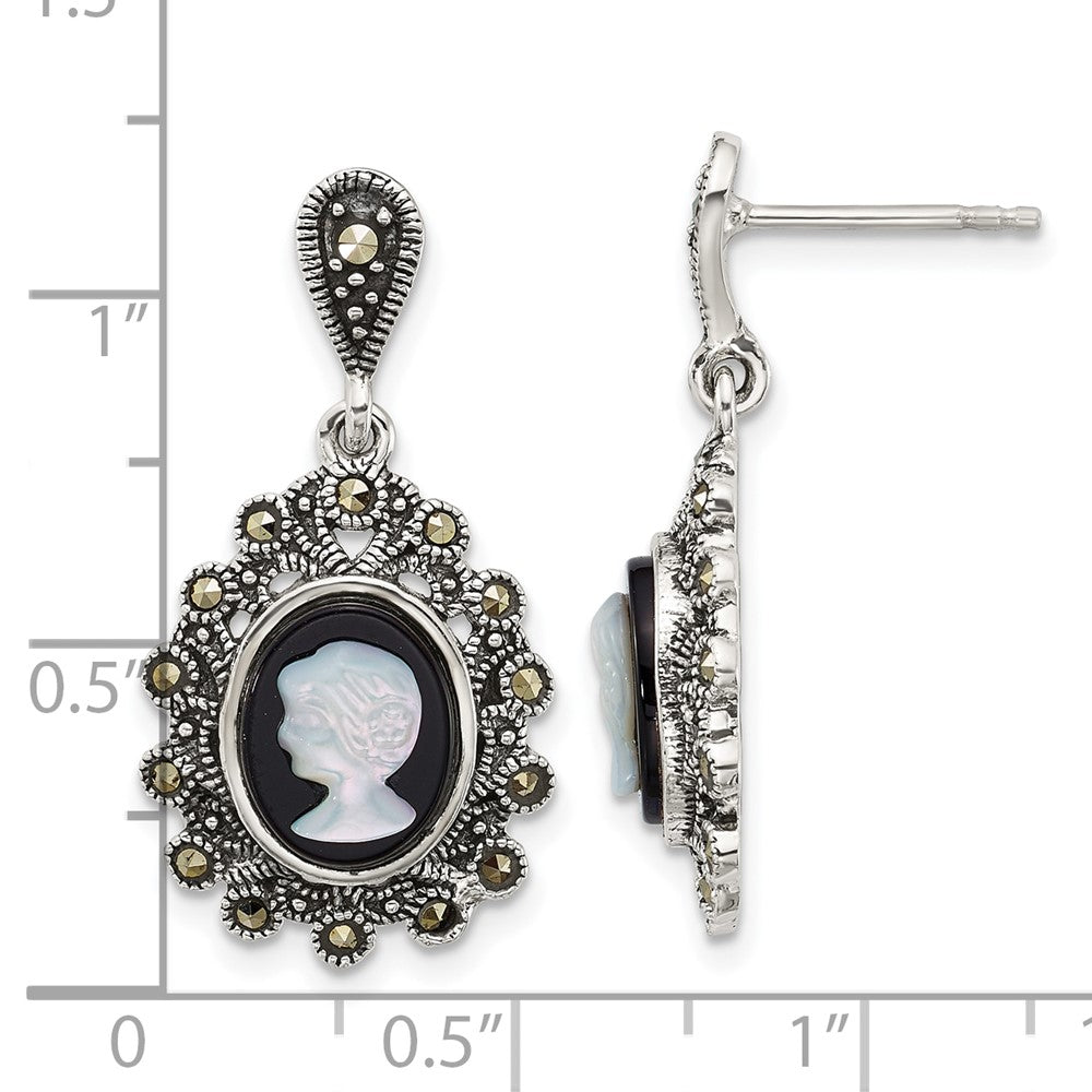 Sterling Silver Antiqued Marcasite Blk Agate and Mop Cameo Earrings