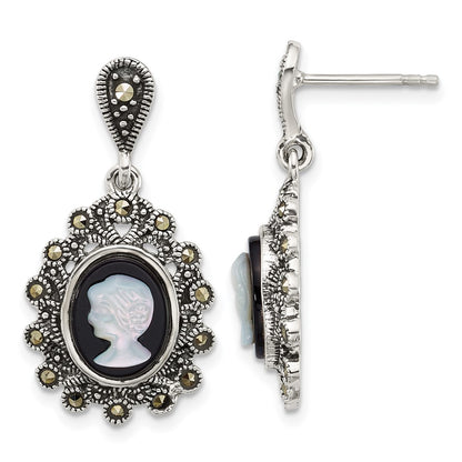 Sterling Silver Antiqued Marcasite Blk Agate and Mop Cameo Earrings
