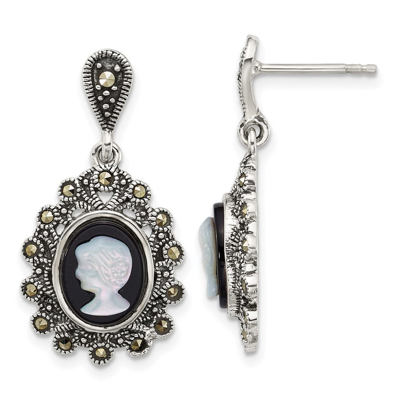 Sterling Silver Antiqued Marcasite Blk Agate and Mop Cameo Earrings