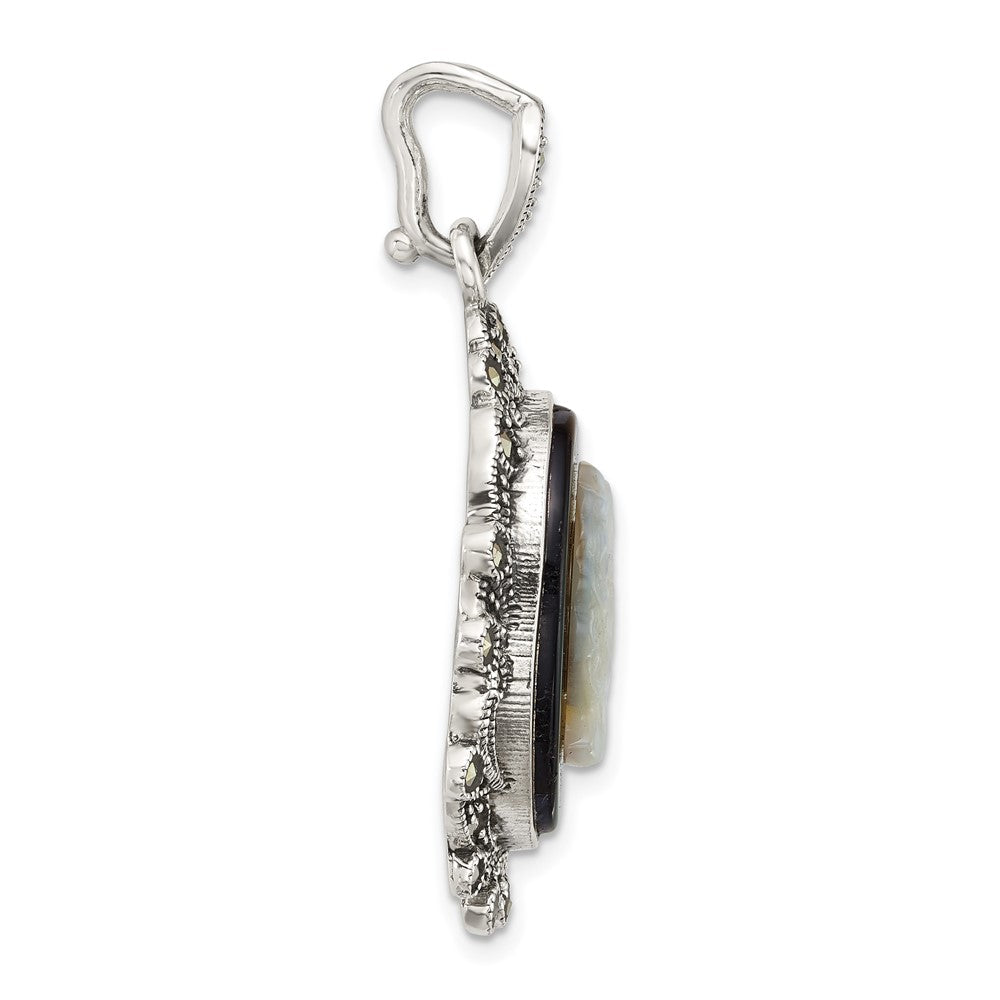 Sterling Silver Antiqued Marcasite Blk Agate and Mop Cameo Pendant