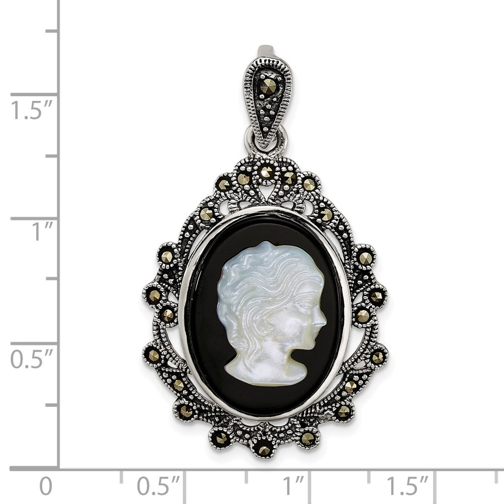 Sterling Silver Antiqued Marcasite Blk Agate and Mop Cameo Pendant